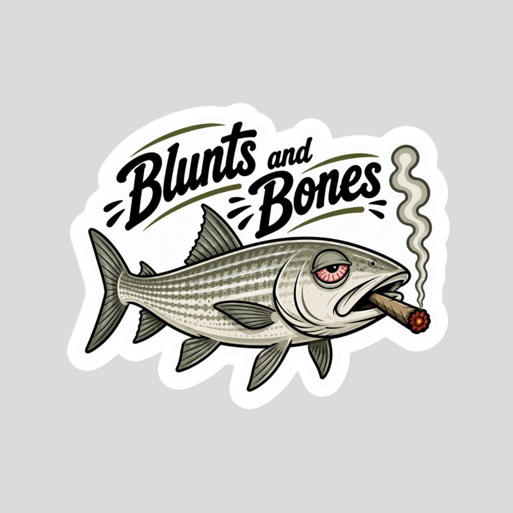 Tidewater Rods Blunts and Bonefish large vinyl sticker featuring a cartoon bonefish smoking a cigar