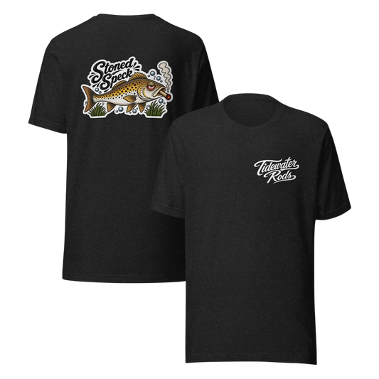 Tidewater Rods Stoned Speckled Trout tee in black heather cotton blend with back graphic and front chest logo