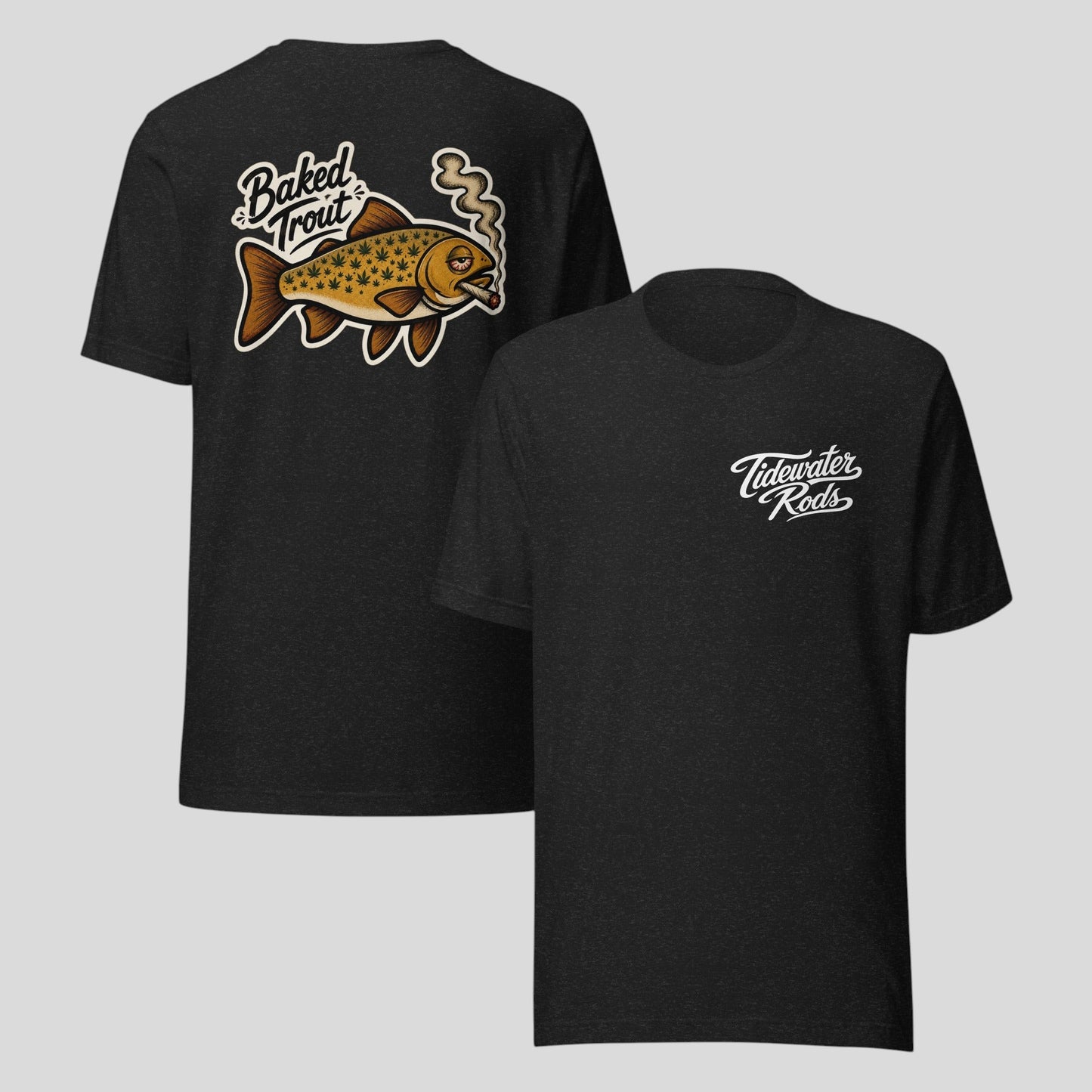 Tidewater Rods black cotton blend t-shirt featuring a Baked Trout graphic on the back and logo on the chest.