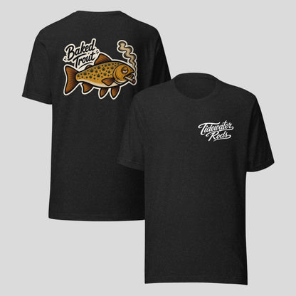 Tidewater Rods black cotton blend t-shirt featuring a Baked Trout graphic on the back and logo on the chest.