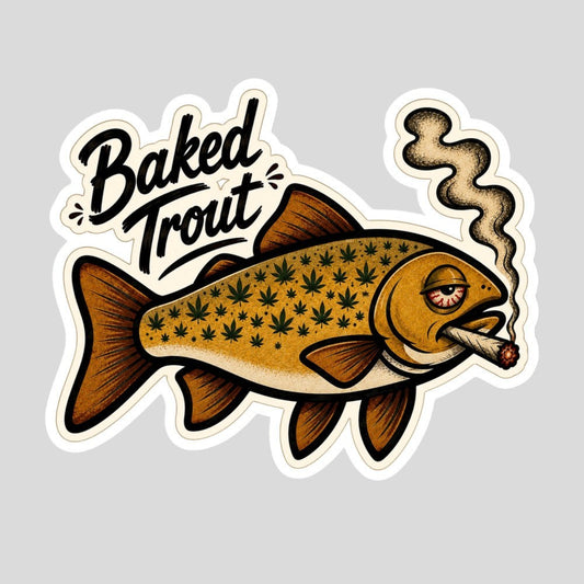 Tidewater Rods Baked Trout vinyl sticker featuring a fish with cannabis leaf patterns smoking a joint.