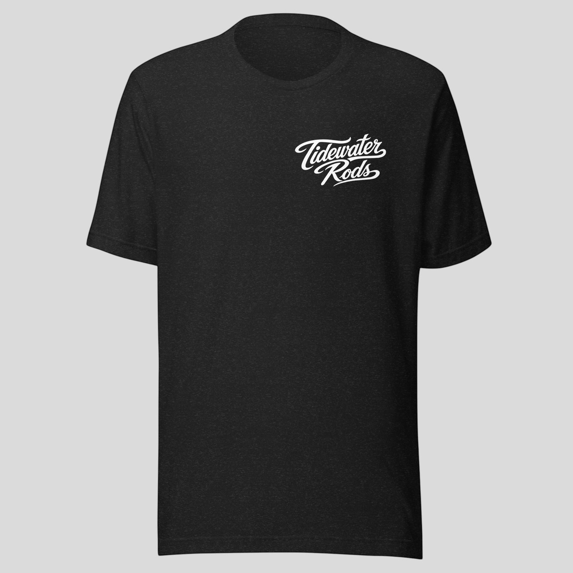 Tidewater Rods black cotton-polyester blend t-shirt with white script logo on the left chest