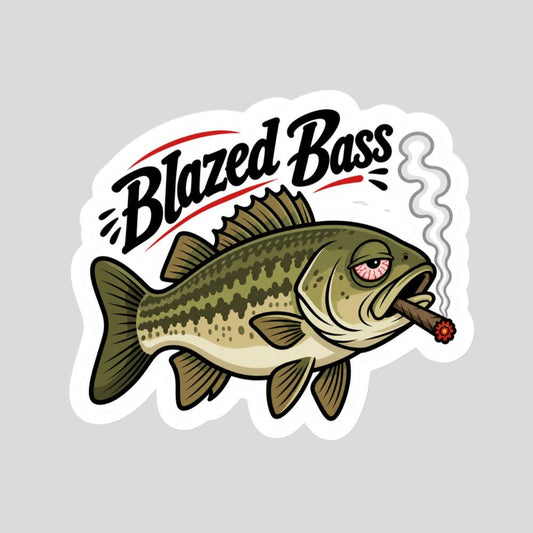 Tidewater Rods Blazed Bass largemouth fish vinyl sticker with a smoking cigar design on durable outdoor adhesive.