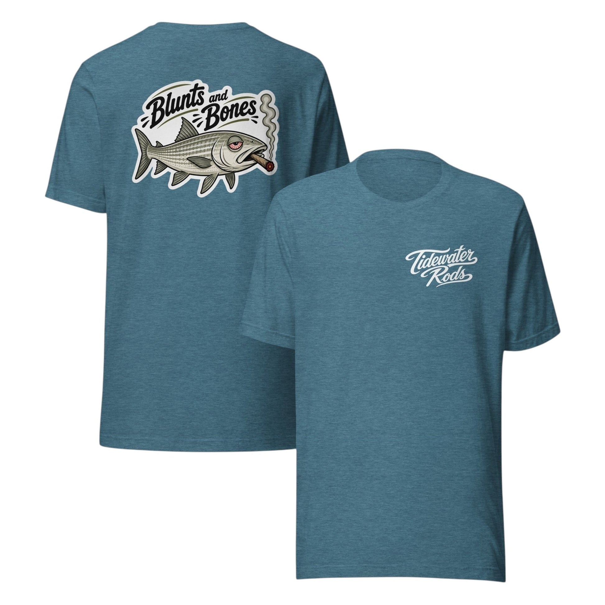 Tidewater Rods blue heather cotton-polyester t-shirt with Blunts and Bones fish graphic on back and logo on front