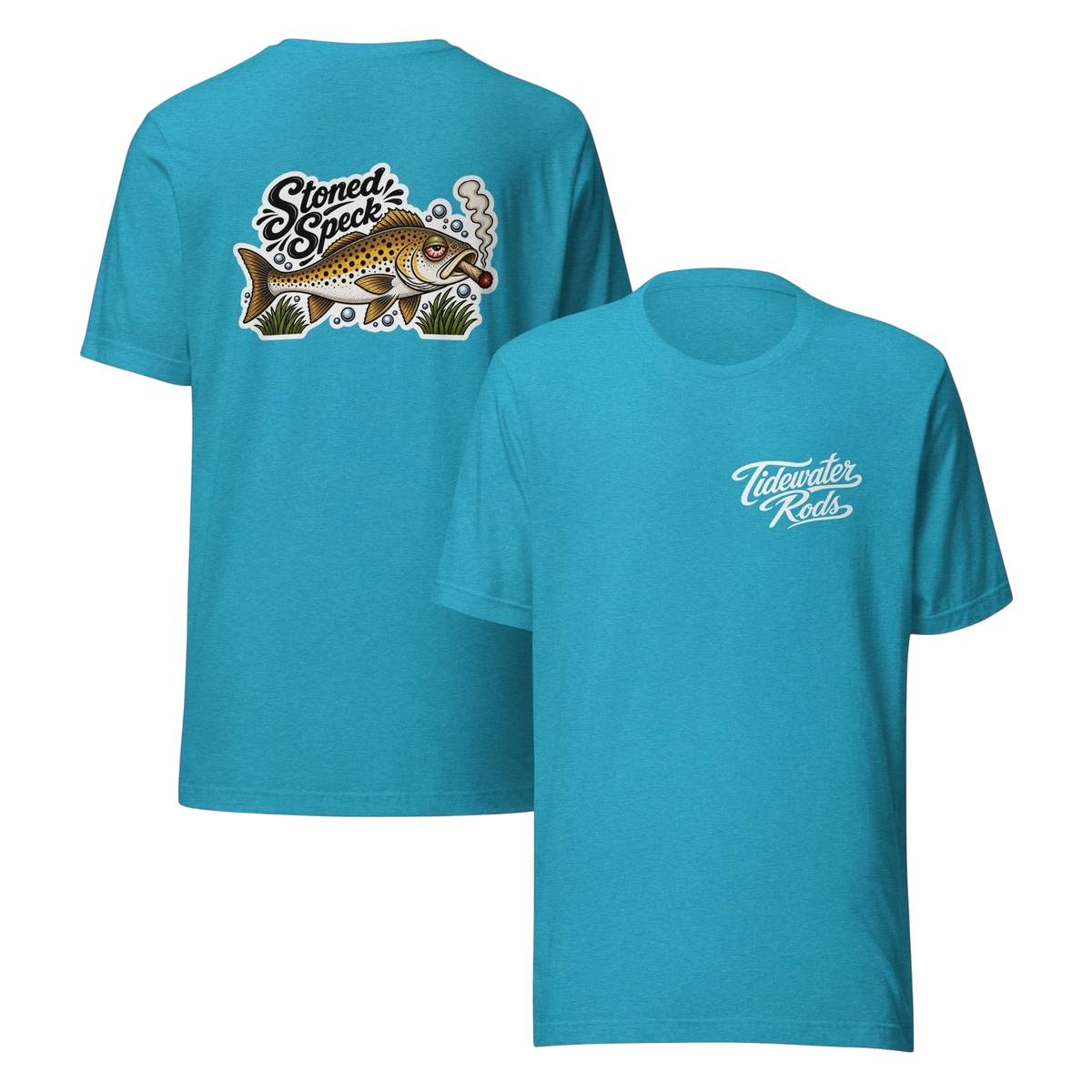 Tidewater Rods blue cotton blend t-shirt featuring a Stoned Speckled Trout graphic on back and logo on front chest