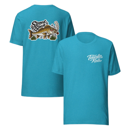 Tidewater Rods blue cotton blend t-shirt featuring a Stoned Speckled Trout graphic on back and logo on front chest