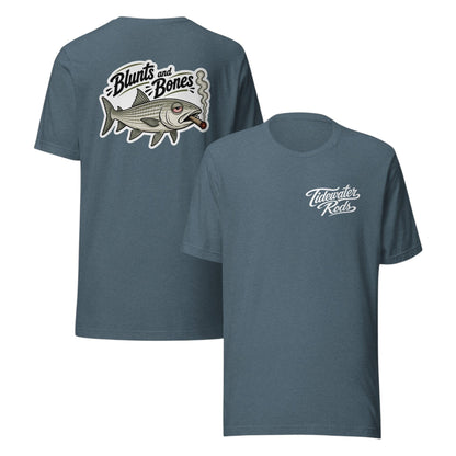 Tidewater Rods Blunts & Bonefish tee in heather blue cotton-polyester blend with back fish graphic and front logo.