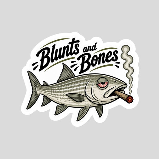 Tidewater Rods Blunts and Bonefish large vinyl sticker featuring a cartoon bonefish smoking a cigar