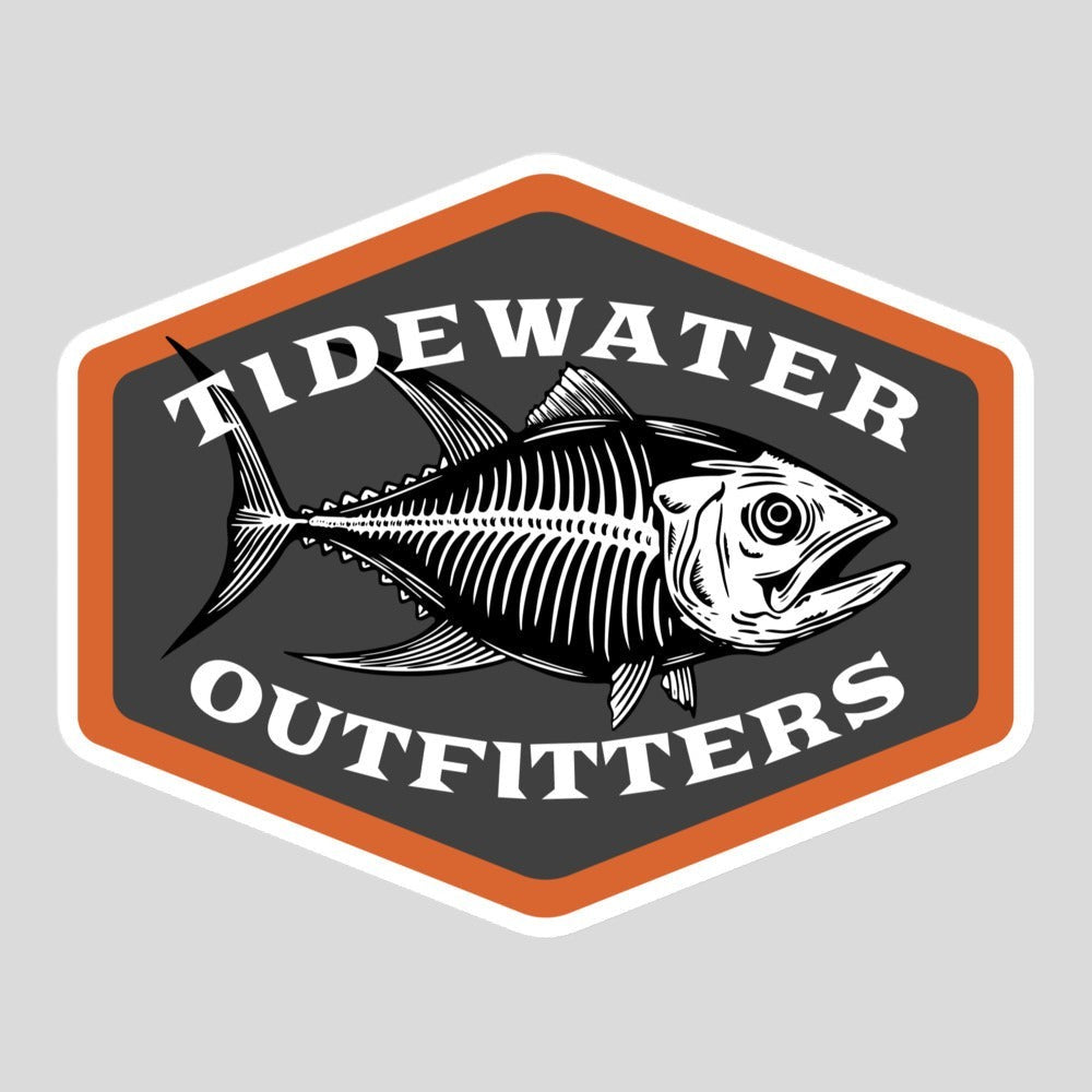 Tidewater Rods BoneyFish large vinyl sticker featuring a fish skeleton graphic in a grey and orange hexagon badge.