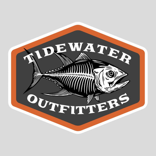 Tidewater Rods BoneyFish large vinyl sticker featuring a fish skeleton graphic in a grey and orange hexagon badge.