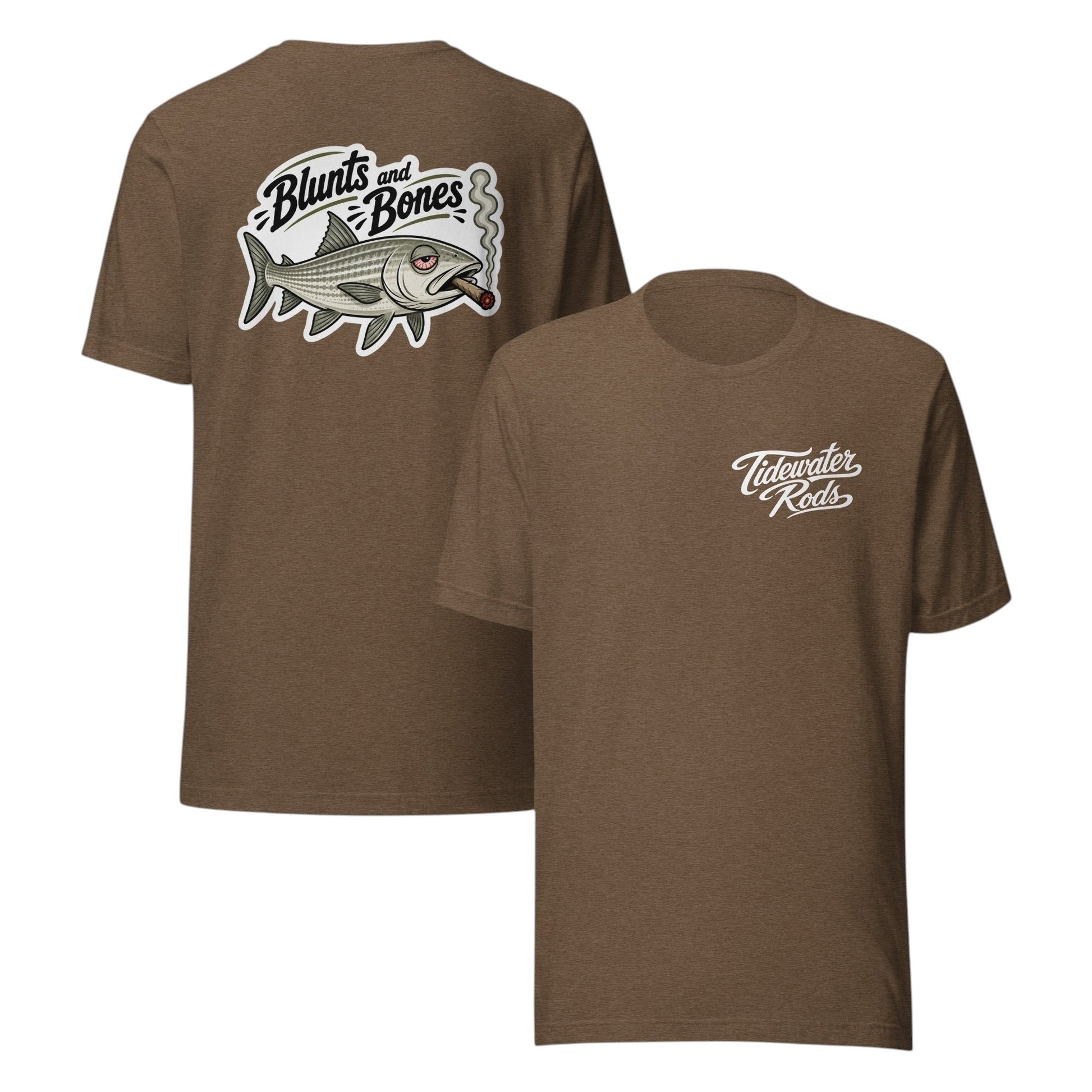 Tidewater Rods brown cotton-polyester blend t-shirt featuring a Blunts and Bonefish graphic on the back.