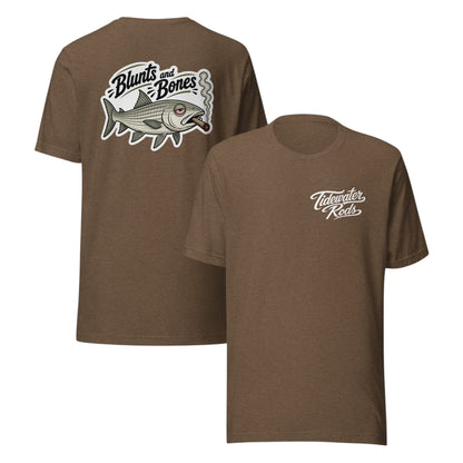 Tidewater Rods brown cotton-polyester blend t-shirt featuring a Blunts and Bonefish graphic on the back.