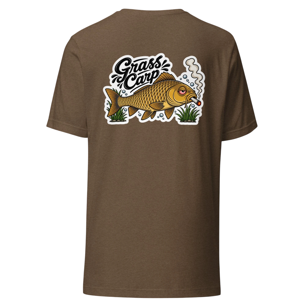 Tidewater Rods brown cotton blend t-shirt featuring a back graphic of a smoking grass carp fish
