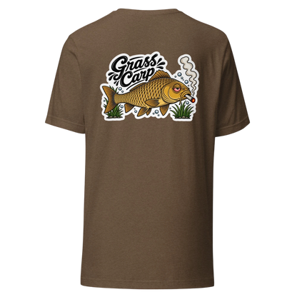 Tidewater Rods brown cotton blend t-shirt featuring a back graphic of a smoking grass carp fish