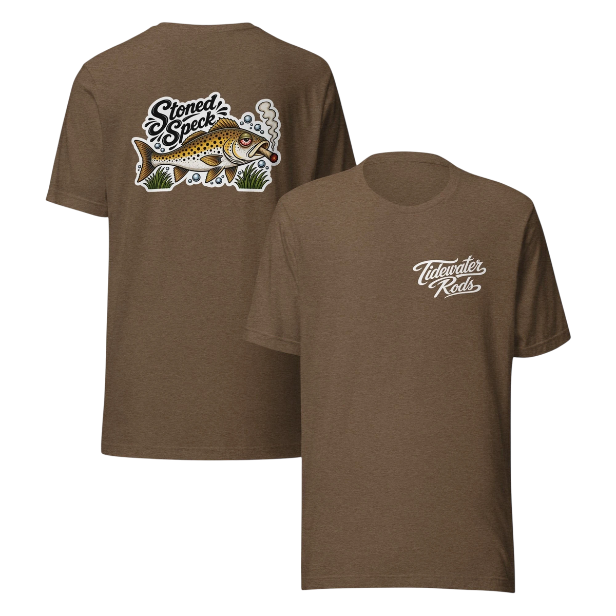 Tidewater Rods brown cotton blend t-shirt featuring a Stoned Speckled Trout graphic on the back and logo on the front