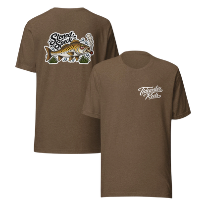 Tidewater Rods brown cotton blend t-shirt featuring a Stoned Speckled Trout graphic on the back and logo on the front