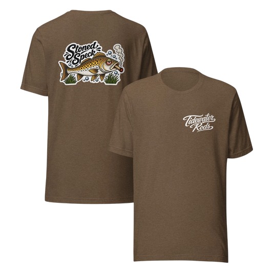 Tidewater Rods brown cotton blend t-shirt featuring a Stoned Speckled Trout graphic on the back and logo on the front