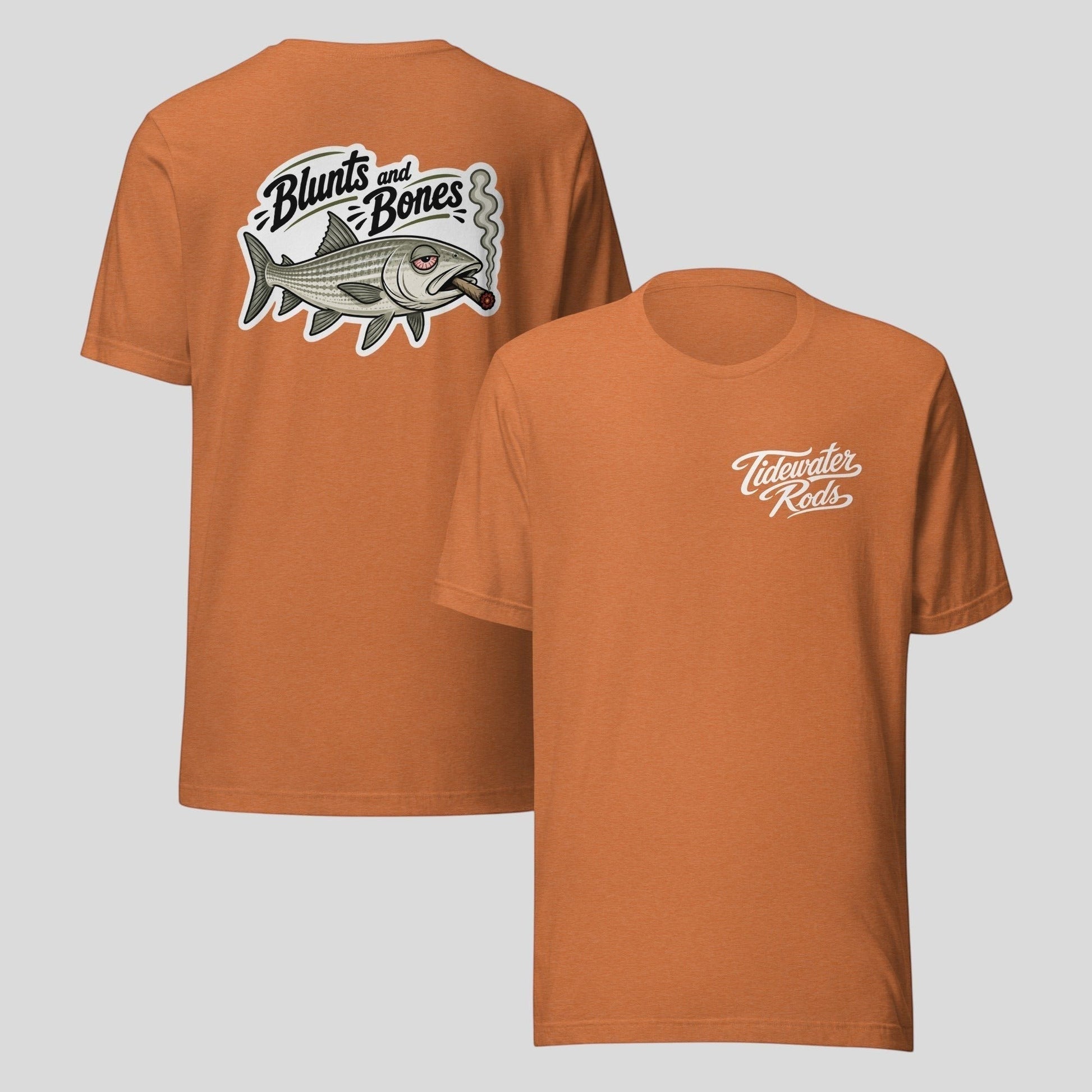 Tidewater Rods burnt orange cotton blend t-shirt featuring a bonefish graphic on the back and logo on the front.