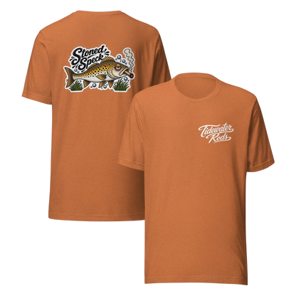 Tidewater Rods burnt orange cotton blend t-shirt featuring a Stoned Speckled Trout graphic on the back.