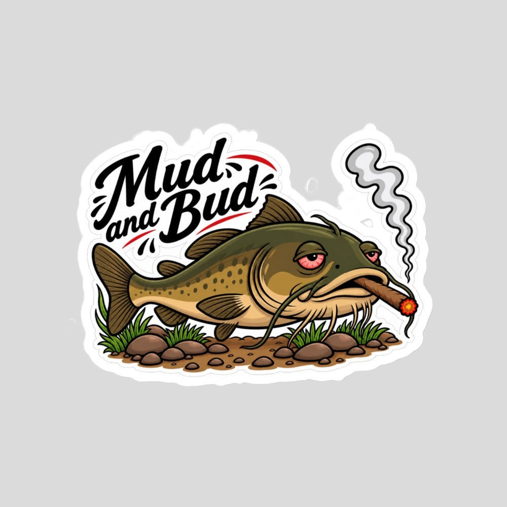 Tidewater Rods Mud & Bud catfish vinyl sticker featuring a cartoon fish smoking a cigar on a rocky riverbank.