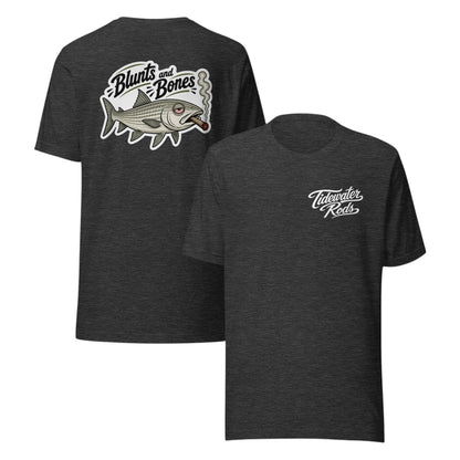 Tidewater Rods Blunts & Bonefish charcoal grey t-shirt with front logo and back graphic of a smoking bonefish.