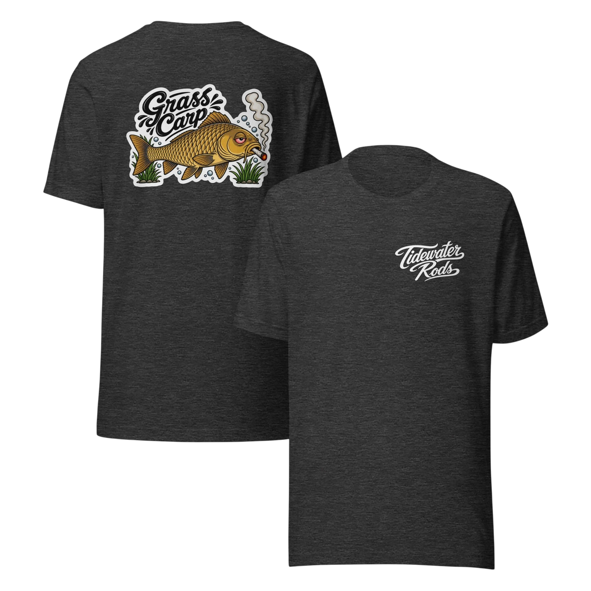 Tidewater Rods charcoal grey cotton-polyester blend t-shirt with Grass Carp graphic on back and logo on front chest.