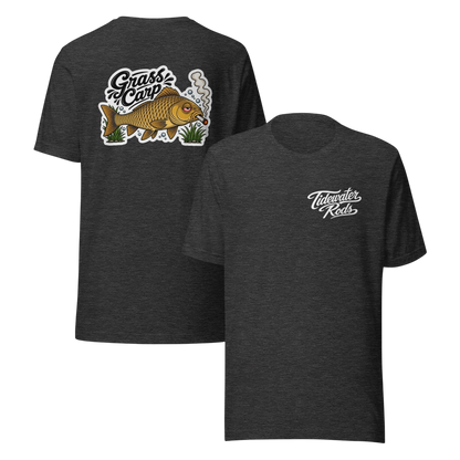 Tidewater Rods charcoal grey cotton-polyester blend t-shirt with Grass Carp graphic on back and logo on front chest.
