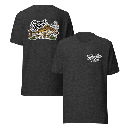 Tidewater Rods charcoal heather t-shirt featuring a Stoned Speckled Trout graphic on back and logo on front chest