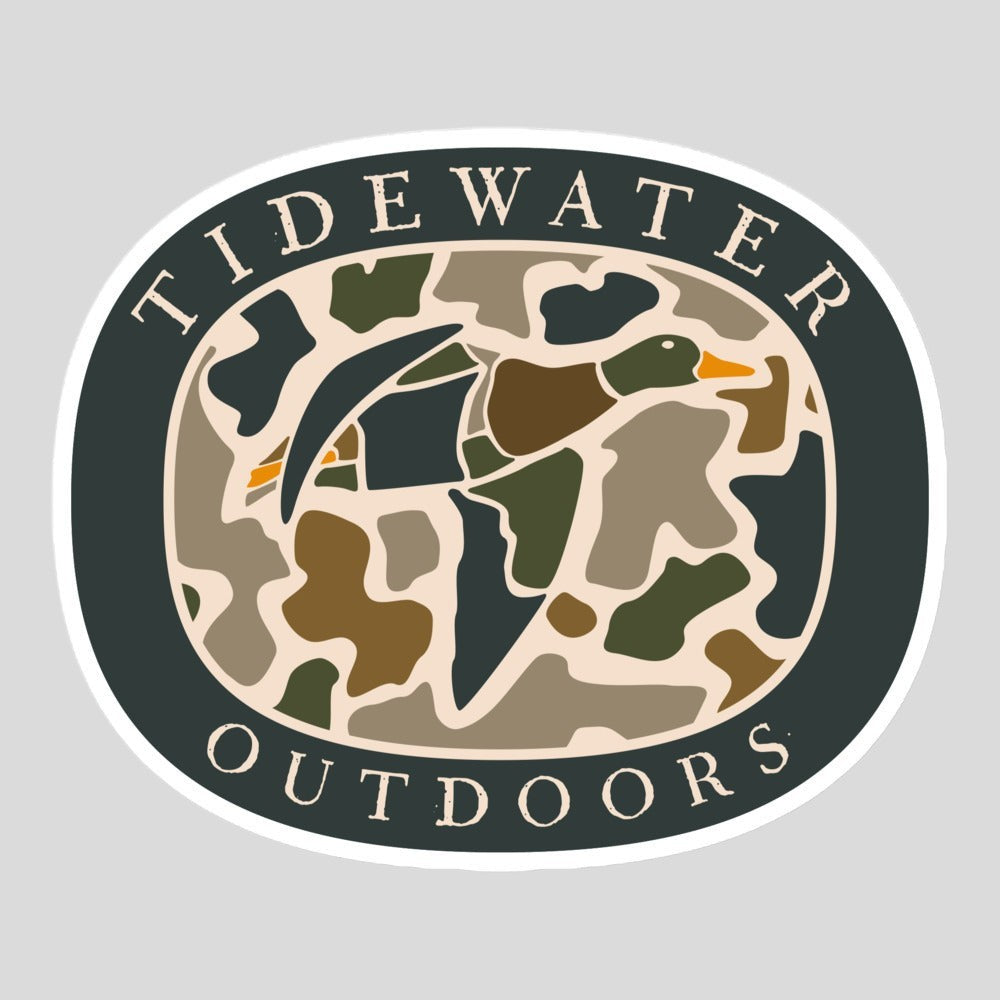 Tidewater Rods oval vinyl sticker featuring a duck camo pattern and Tidewater Outdoors text in a dark border.