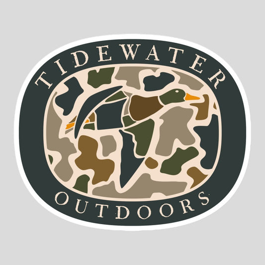 Tidewater Rods oval vinyl sticker featuring a duck camo pattern and Tidewater Outdoors text in a dark border.