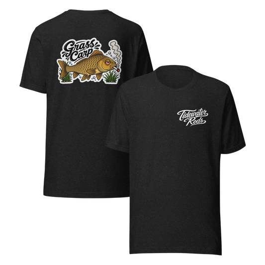 Tidewater Rods black cotton-polyester blend t-shirt featuring a Grass Carp graphic on back and logo on front chest.