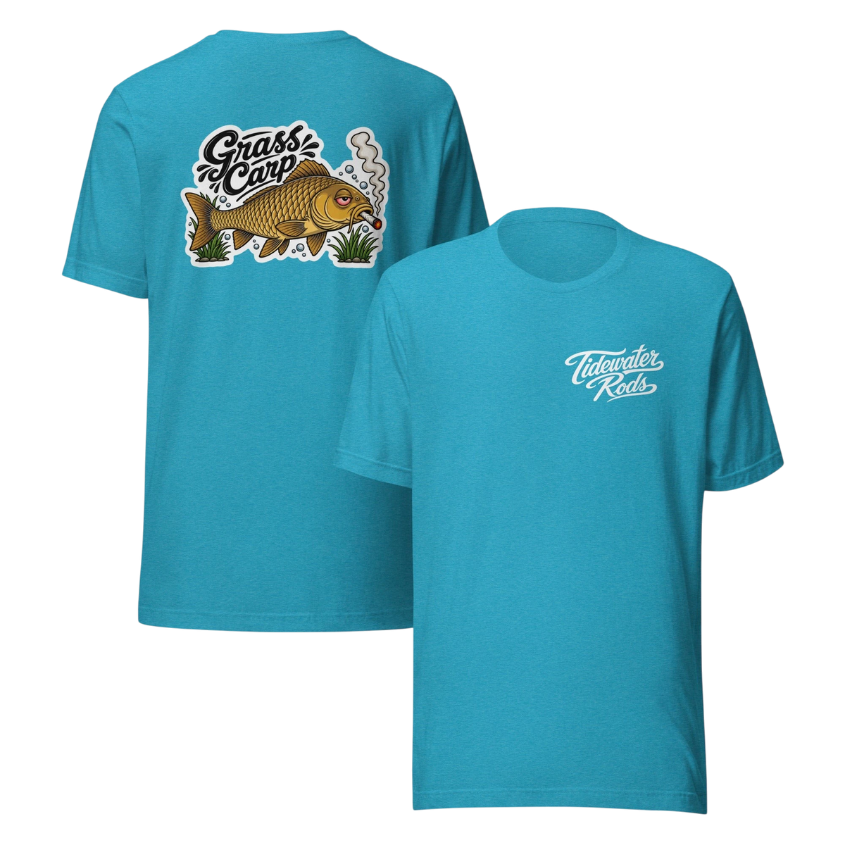 Tidewater Rods blue cotton blend t-shirt with Grass Carp graphic on back and small logo on front chest