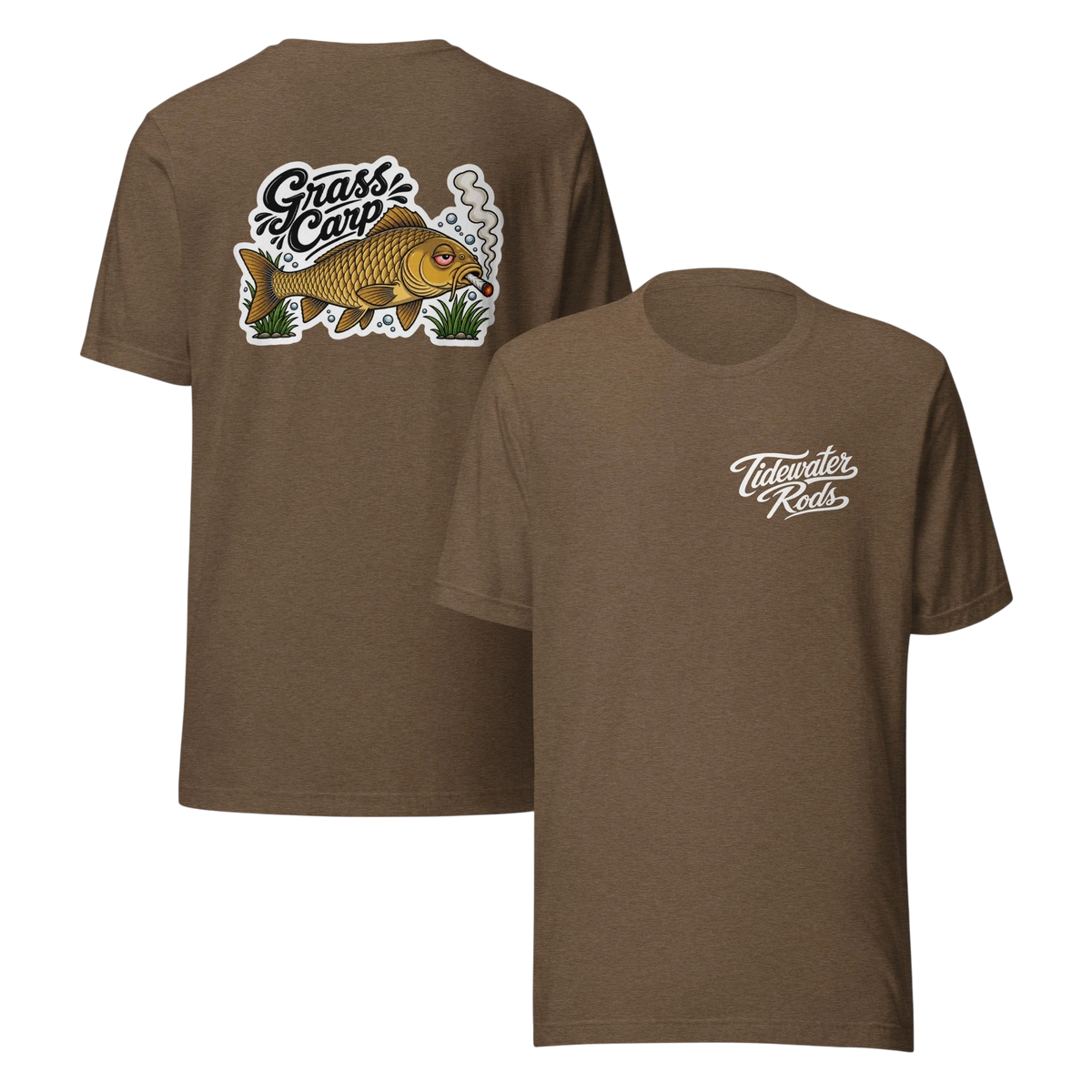 Tidewater Rods brown cotton blend t-shirt featuring a Grass Carp graphic on the back and brand logo on the front.