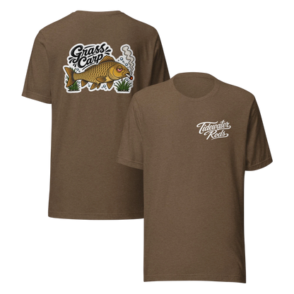 Tidewater Rods brown cotton blend t-shirt featuring a Grass Carp graphic on the back and brand logo on the front.