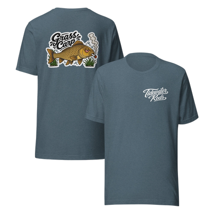 Tidewater Rods Grass Carp tee in heather blue cotton-polyester blend with back graphic and front logo print
