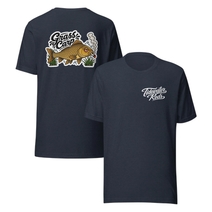 Tidewater Rods navy blue cotton blend t-shirt featuring a Grass Carp graphic on the back and brand logo on the front.