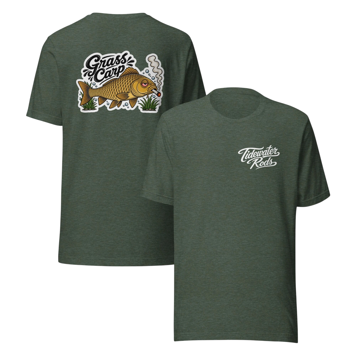 Tidewater Rods Grass Carp tee in olive green cotton-polyester blend with back graphic and front logo print.