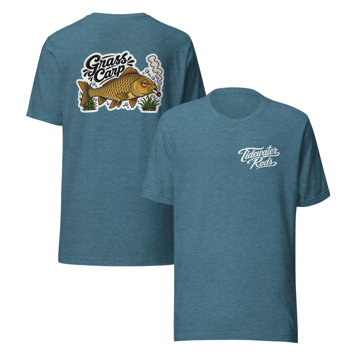 Tidewater Rods blue heather cotton-polyester blend t-shirt with Grass Carp graphic on back and logo on front chest