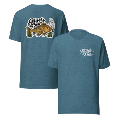 Tidewater Rods blue heather cotton-polyester blend t-shirt with Grass Carp graphic on back and logo on front chest