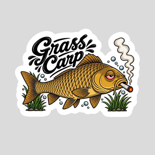Tidewater Rods Grass Carp stoner vinyl sticker featuring a cartoon fish smoking in water with bubble-free adhesive.