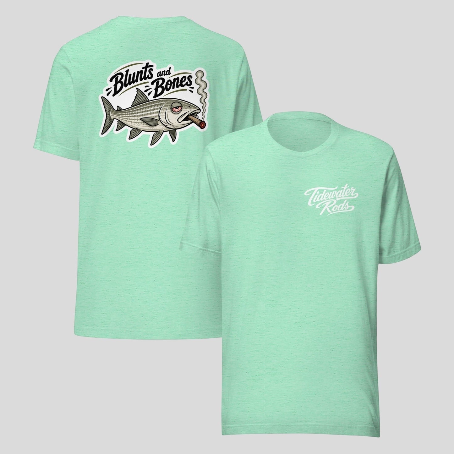 Tidewater Rods light green cotton blend t-shirt featuring a bonefish graphic on the back and brand logo on the front.