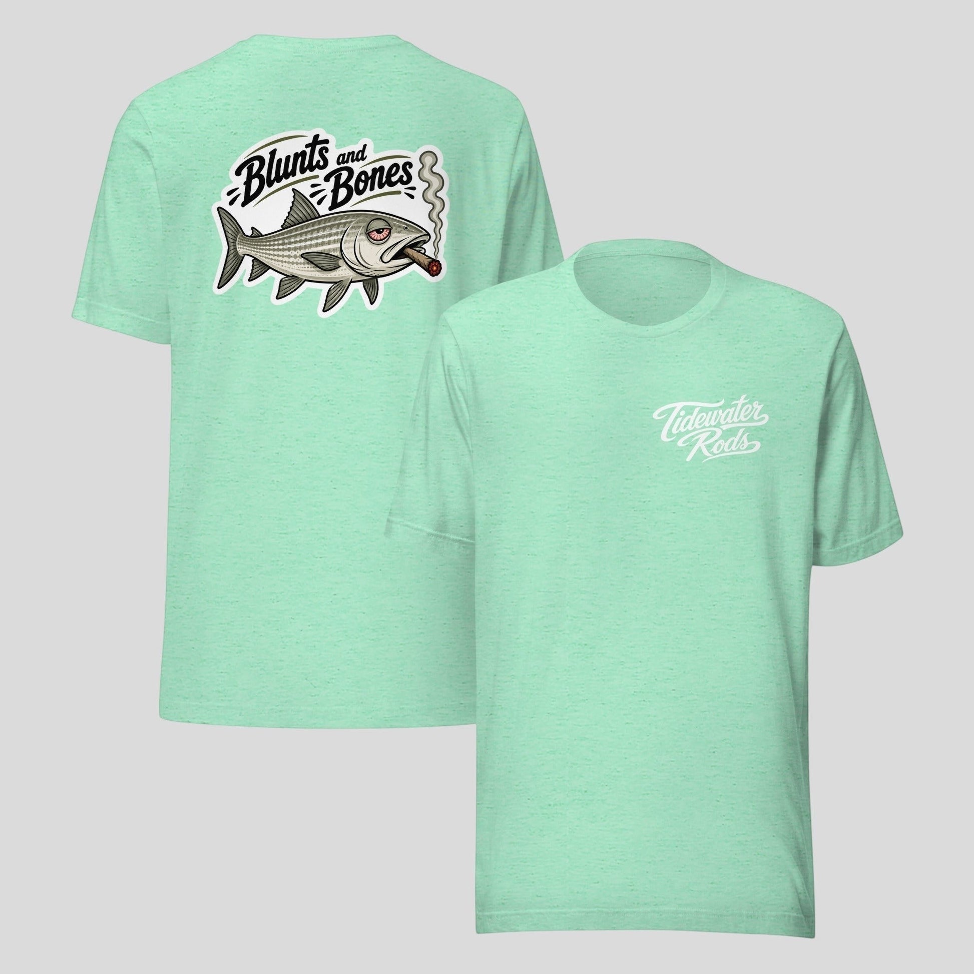 Tidewater Rods light green cotton blend t-shirt featuring a bonefish graphic on the back and brand logo on the front.