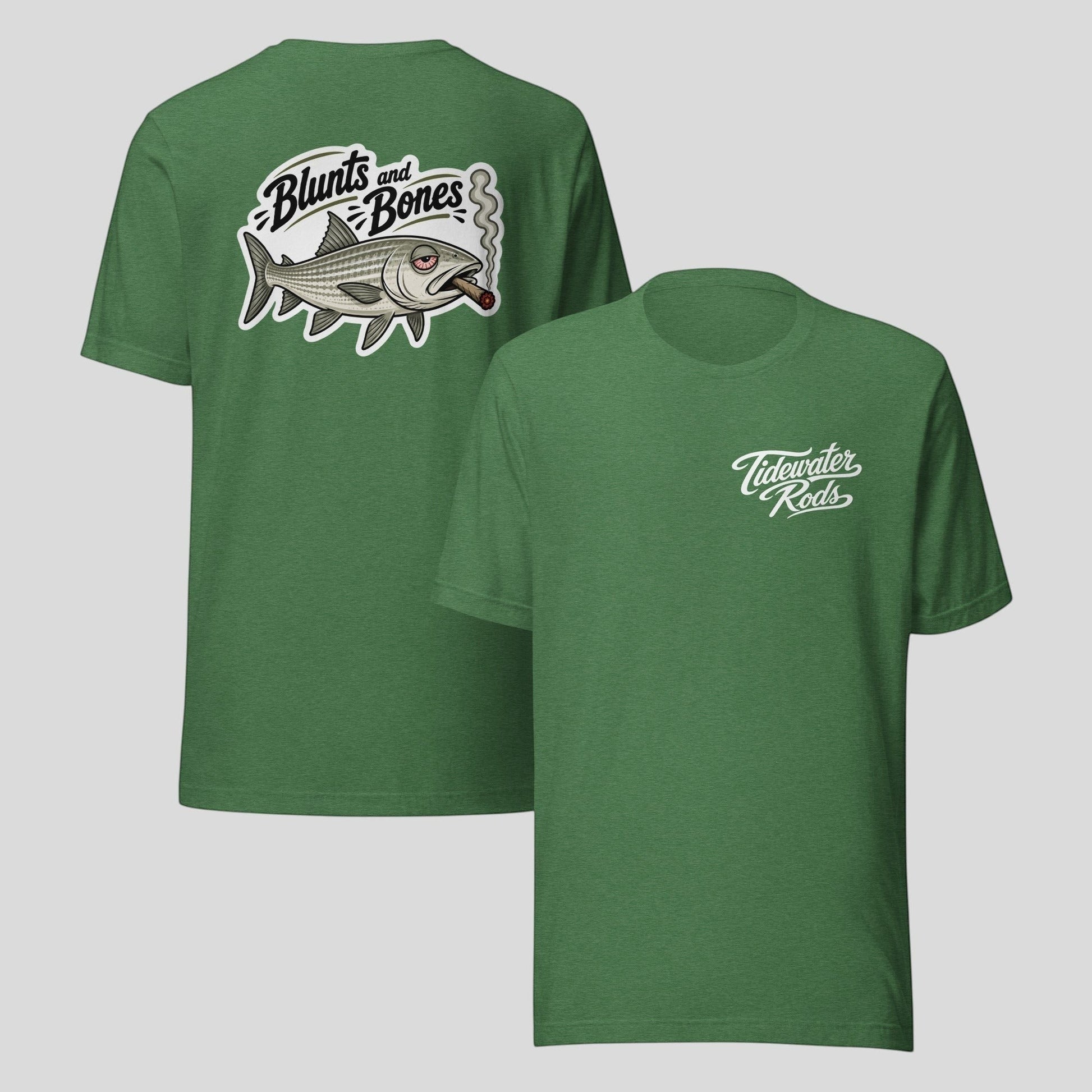 Tidewater Rods green cotton-polyester blend t-shirt featuring a Blunts and Bones fish graphic on the back.
