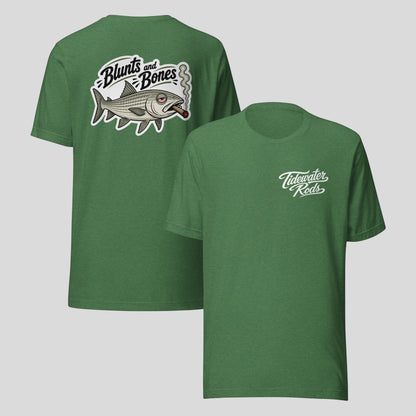 Tidewater Rods green cotton-polyester blend t-shirt featuring a Blunts and Bones fish graphic on the back.