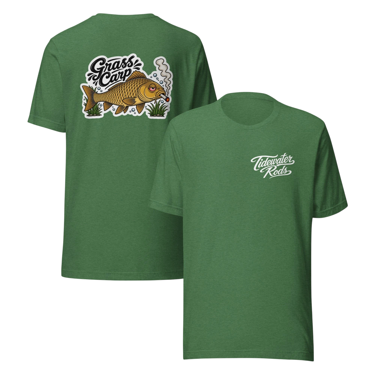 Tidewater Rods green cotton-polyester blend t-shirt featuring a Grass Carp graphic on back and logo on front chest.