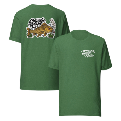 Tidewater Rods green cotton-polyester blend t-shirt featuring a Grass Carp graphic on back and logo on front chest.