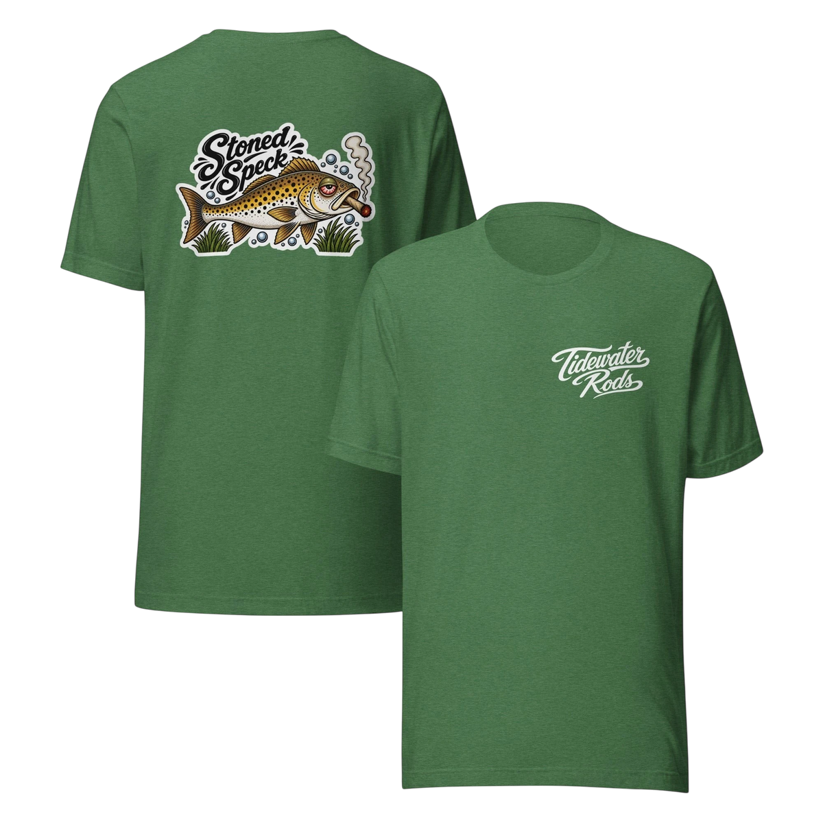 Tidewater Rods green cotton-blend t-shirt featuring a Stoned Speckled Trout graphic on back and logo on front