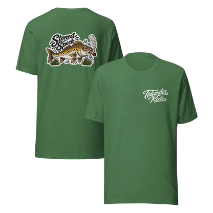 Tidewater Rods green cotton-blend t-shirt featuring a Stoned Speckled Trout graphic on back and logo on front