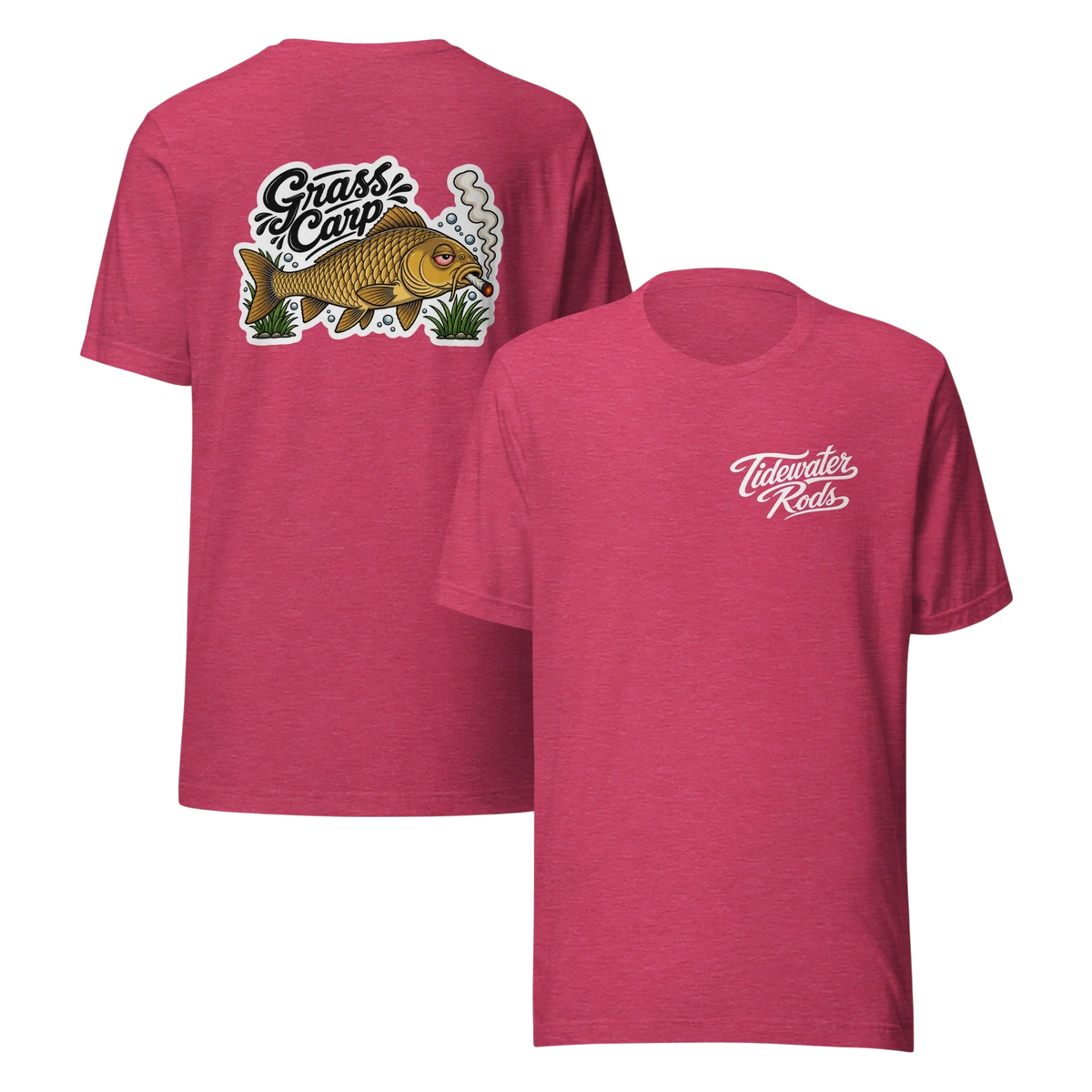 Tidewater Rods heather red t-shirt featuring a Grass Carp graphic on the back and brand logo on the front chest.