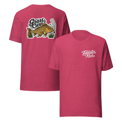 Tidewater Rods heather red t-shirt featuring a Grass Carp graphic on the back and brand logo on the front chest.